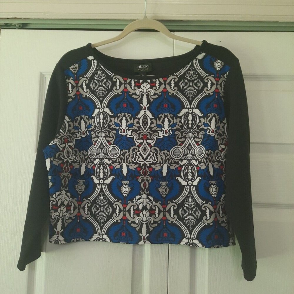 Nicole by Nicole Miller Black/White & Blue Crop Blouse w/ 3/4 length sleeves XL